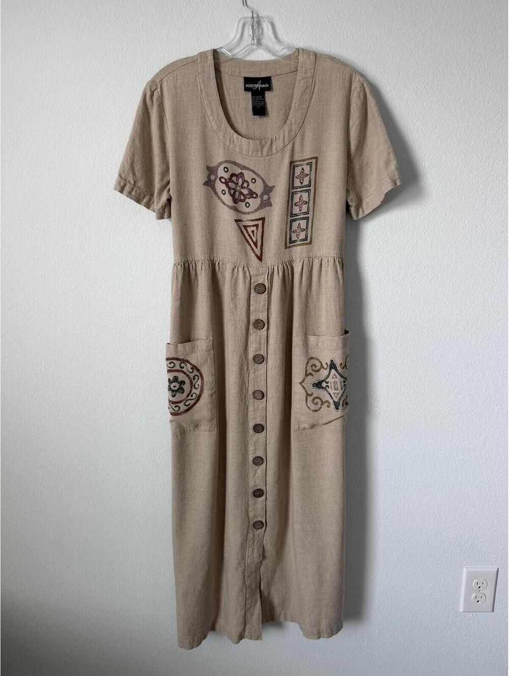 Positive Attitude Linen Blend Short Sleeve Scoop Neck Artwork Midi Dress Size M